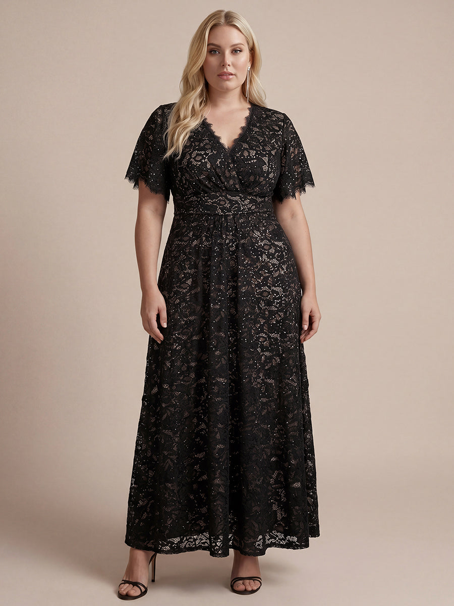 Lace Ruffle Sleeve A-Line Evening Dress