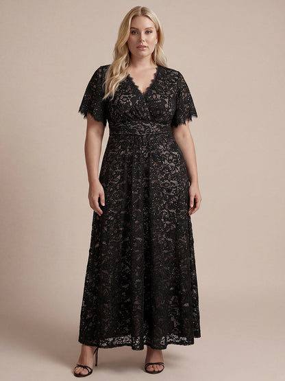 Lace Ruffle Sleeve A-Line Evening Dress