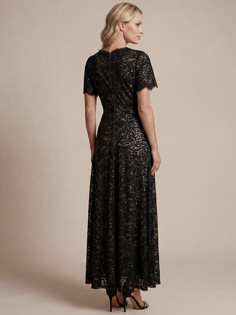 Lace Ruffle Sleeve A-Line Evening Dress