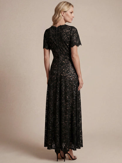 Lace Ruffle Sleeve A-Line Evening Dress