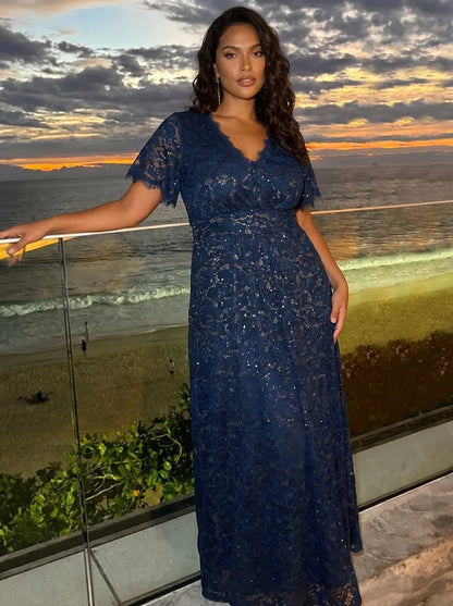 Plus Size Lace Ruffle Sleeve Evening Dress