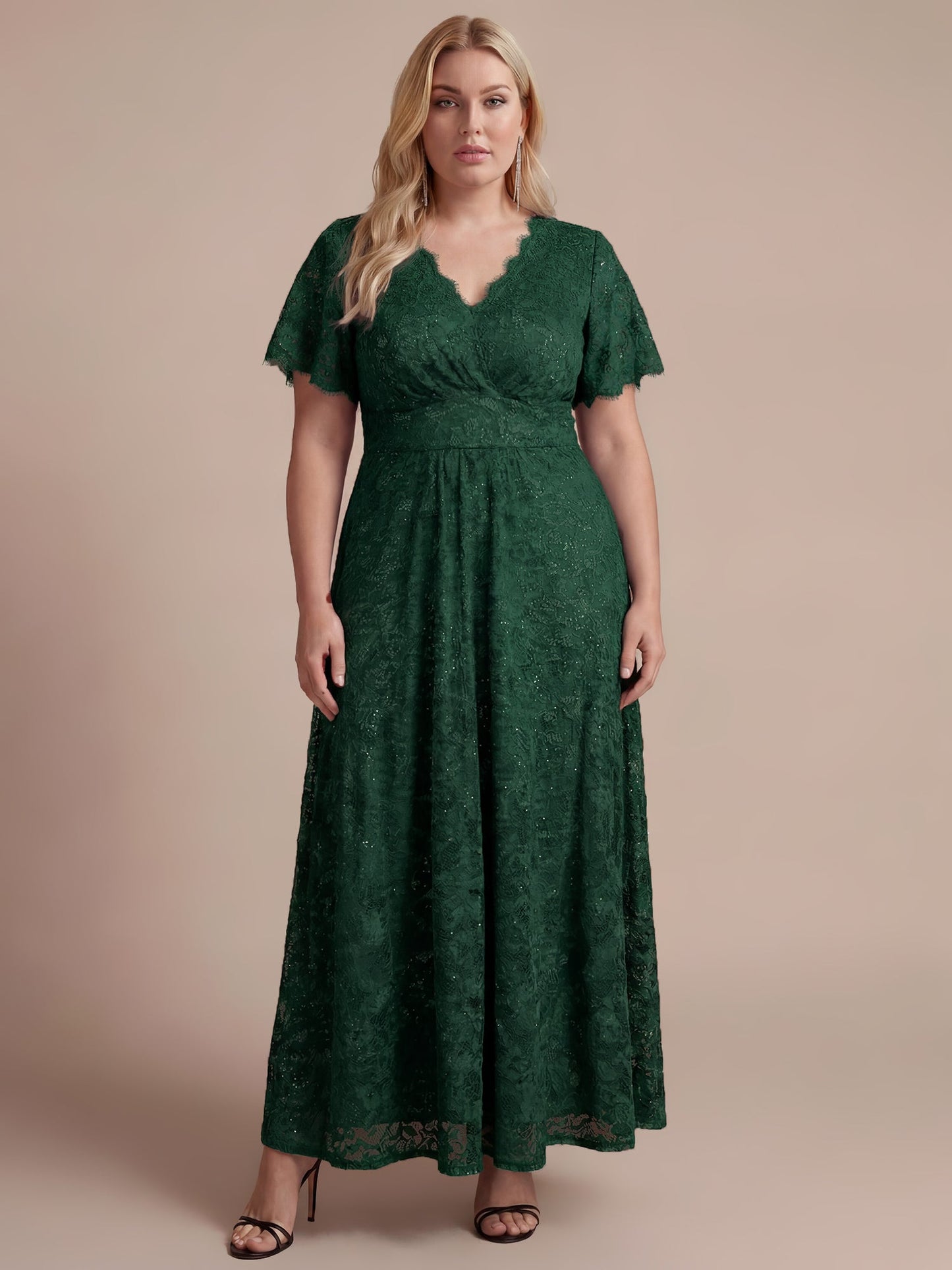 Lace Ruffle Sleeve A-Line Evening Dress