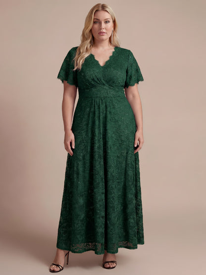 Lace Ruffle Sleeve A-Line Evening Dress