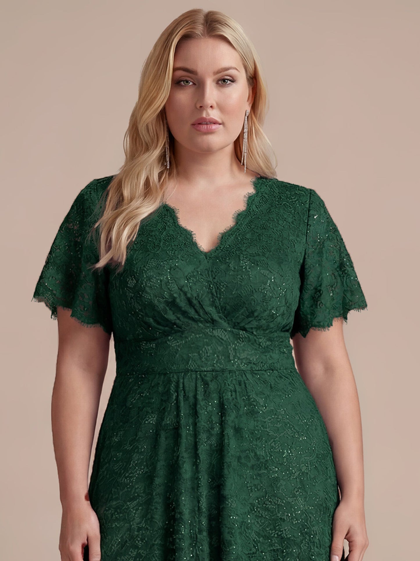Lace Ruffle Sleeve A-Line Evening Dress