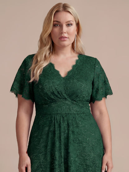 Lace Ruffle Sleeve A-Line Evening Dress