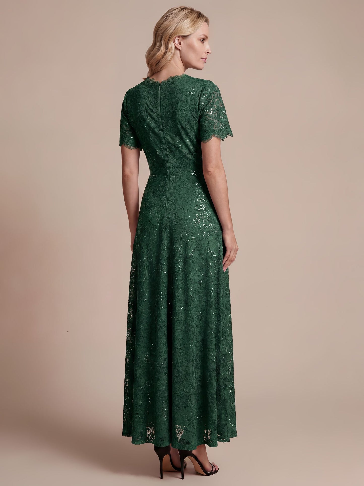 Lace Ruffle Sleeve A-Line Evening Dress