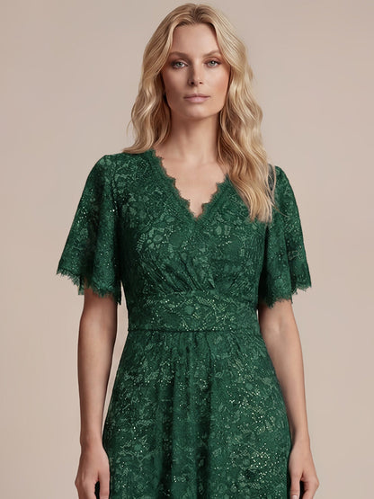 Lace Ruffle Sleeve A-Line Evening Dress