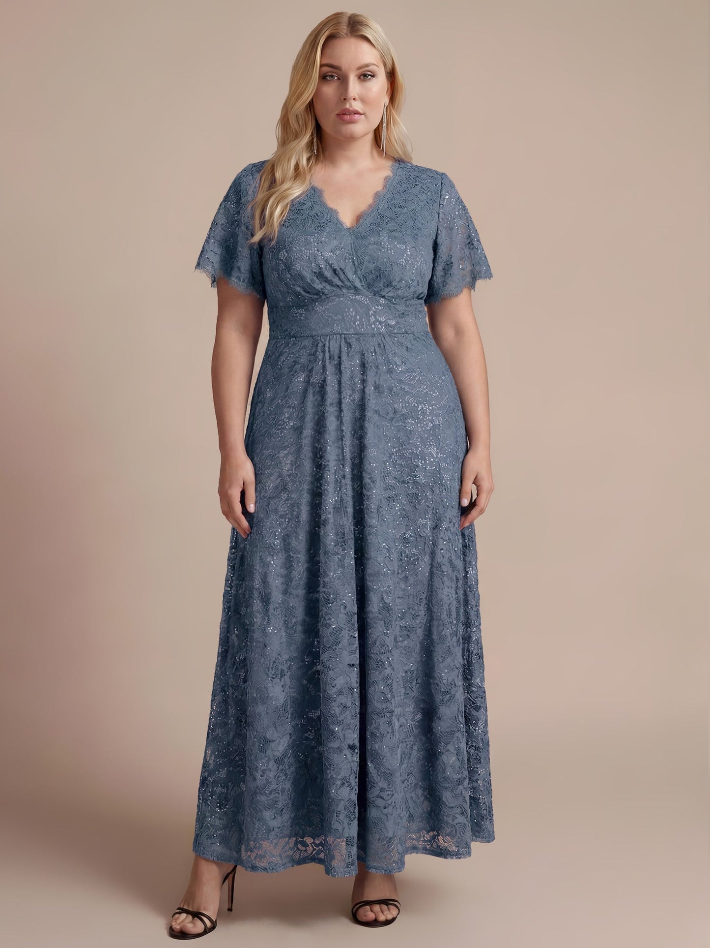 Lace Ruffle Sleeve A-Line Evening Dress