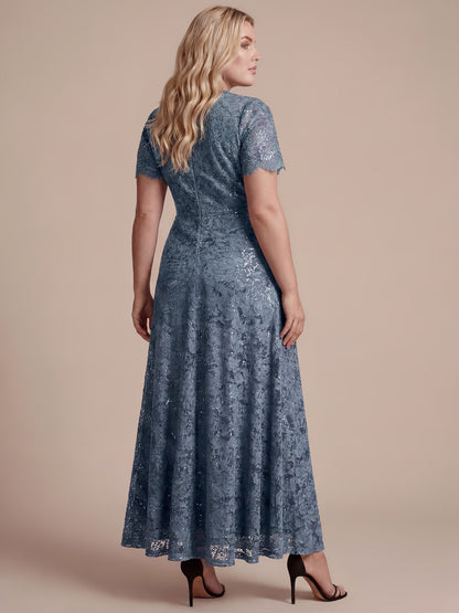 Lace Ruffle Sleeve A-Line Evening Dress
