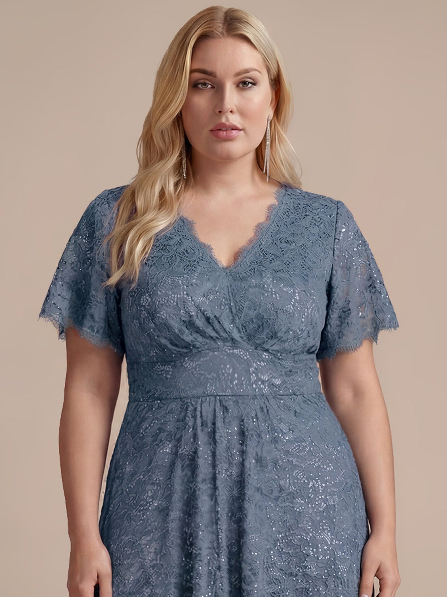 Plus Size Lace Ruffle Sleeve Evening Dress
