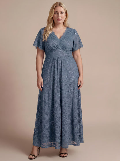 Plus Size Lace Ruffle Sleeve Evening Dress