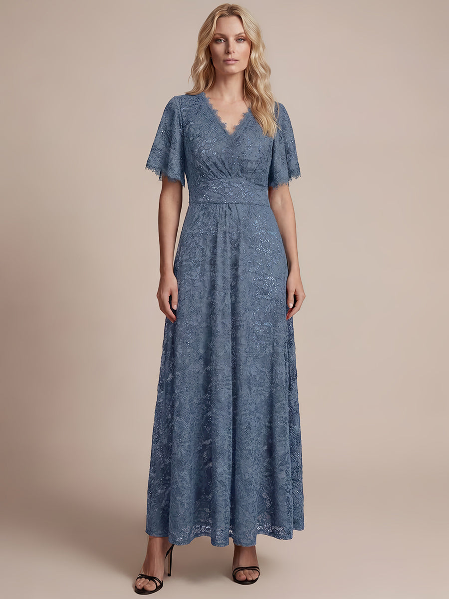 Lace Ruffle Sleeve A-Line Evening Dress