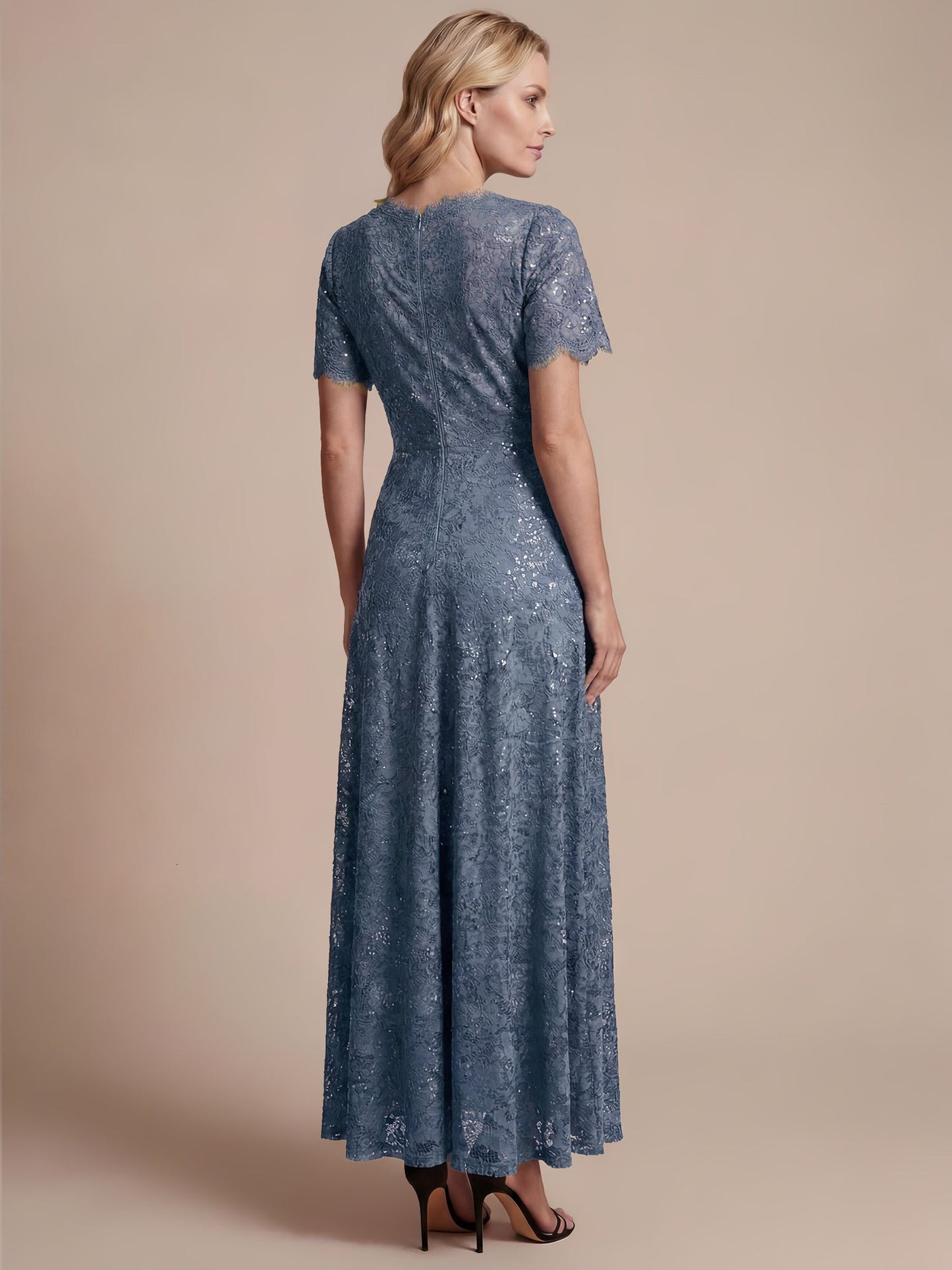 Lace Ruffle Sleeve A-Line Evening Dress