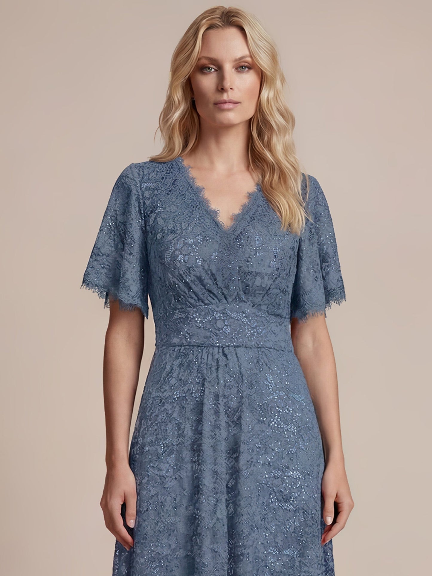Lace Ruffle Sleeve A-Line Evening Dress