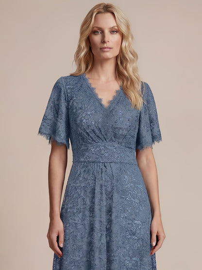 Lace Ruffle Sleeve A-Line Evening Dress