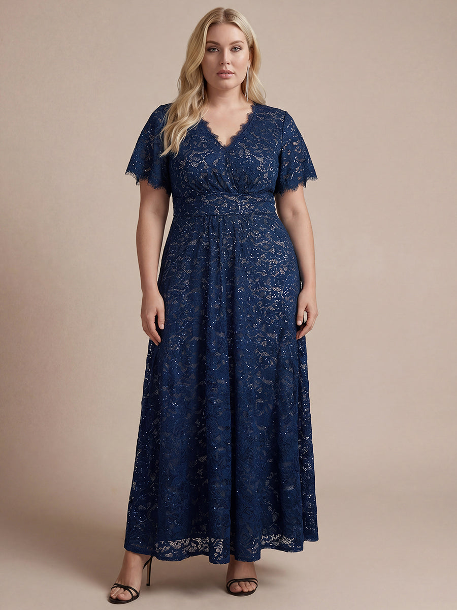 Lace Ruffle Sleeve A-Line Evening Dress