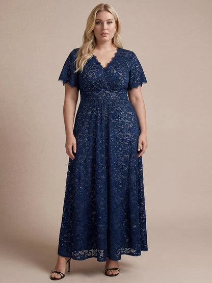 Lace Ruffle Sleeve A-Line Evening Dress