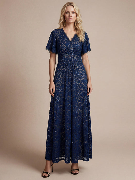 Lace Ruffle Sleeve A-Line Evening Dress