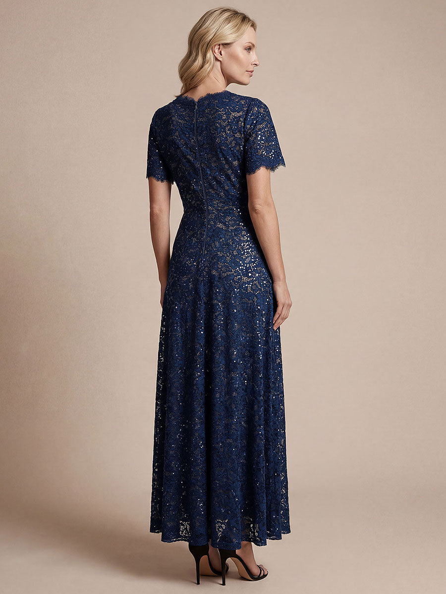 Lace Ruffle Sleeve A-Line Evening Dress