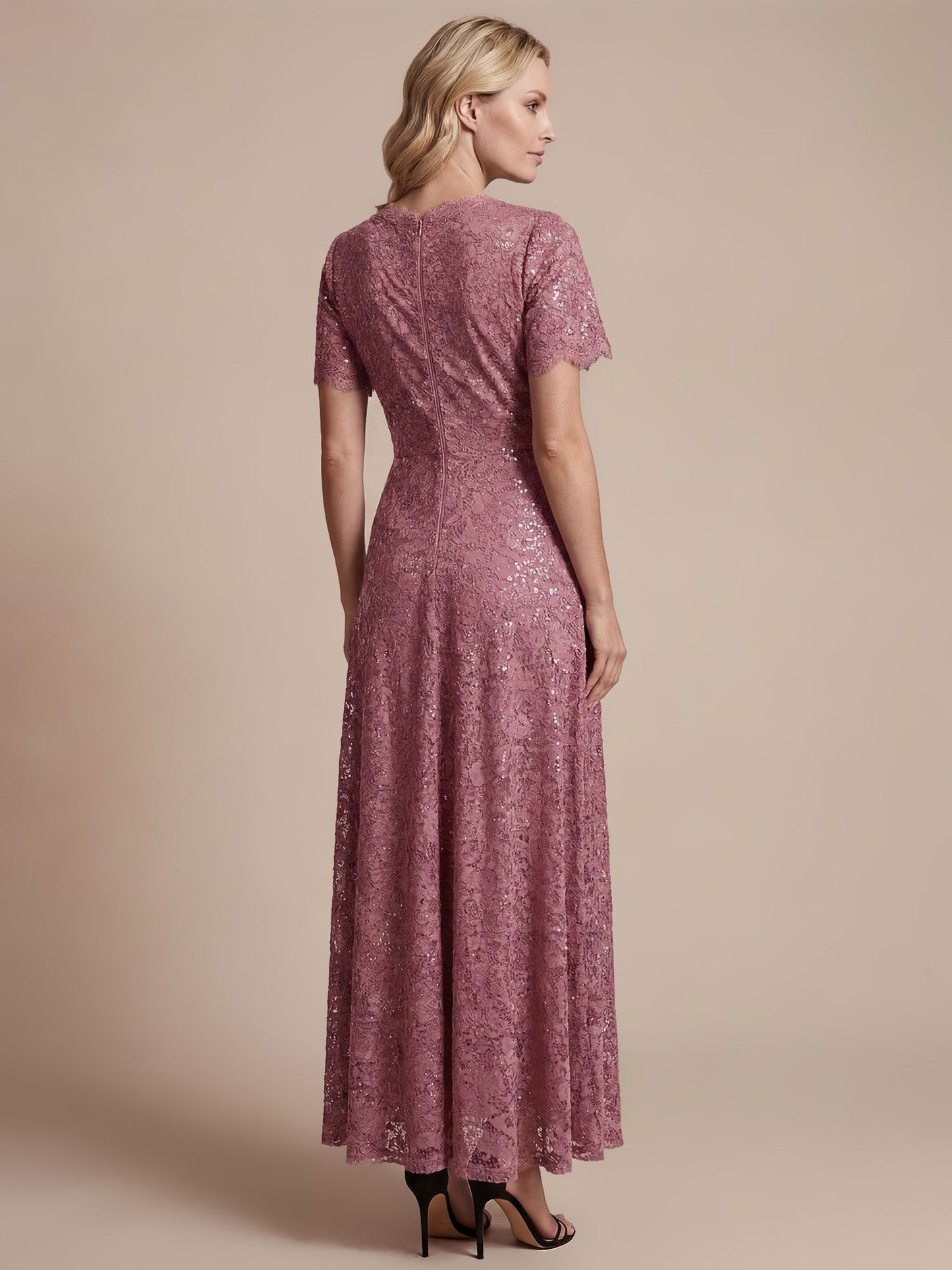 Lace Ruffle Sleeve A-Line Evening Dress