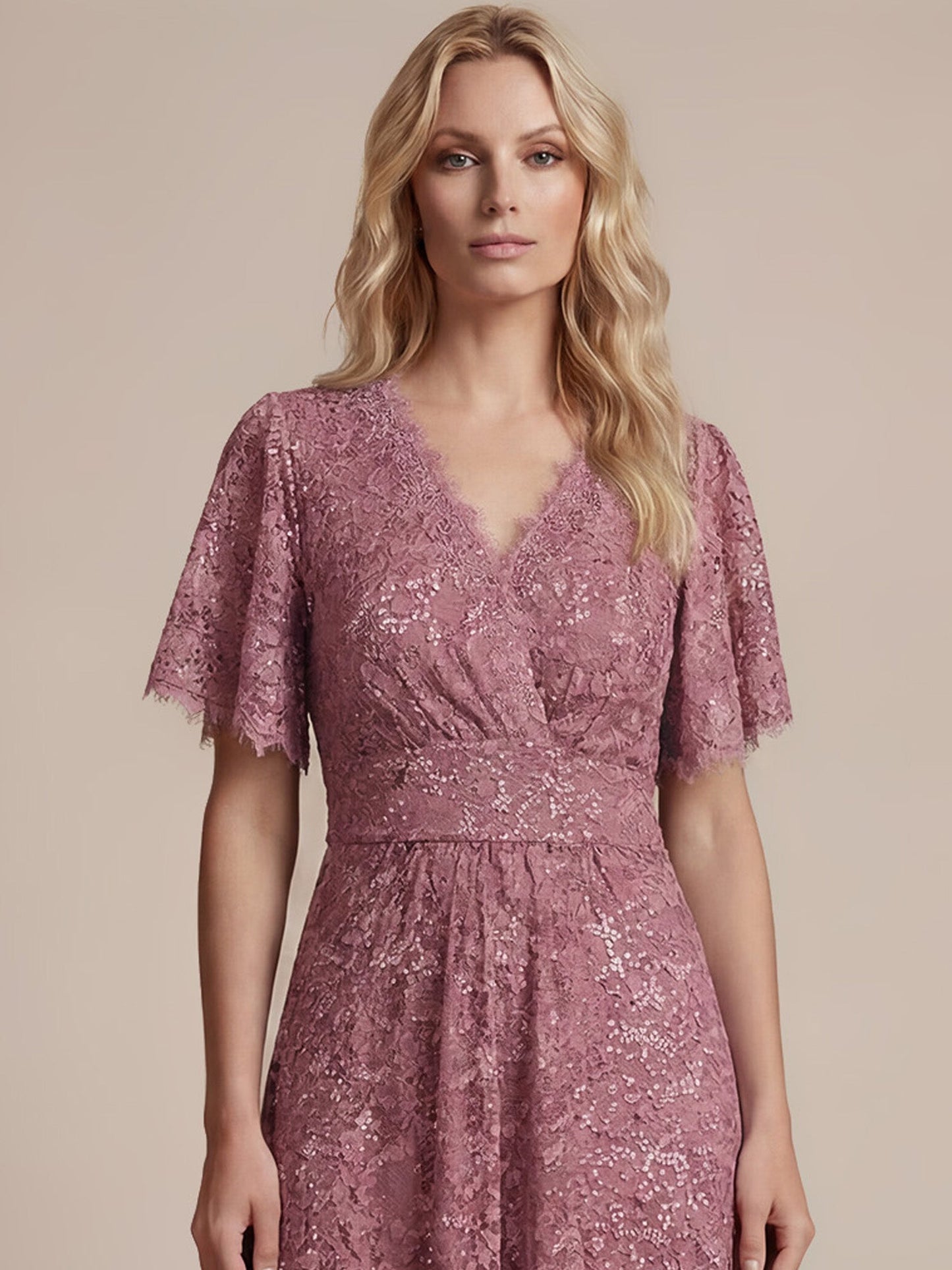 Lace Ruffle Sleeve A-Line Evening Dress