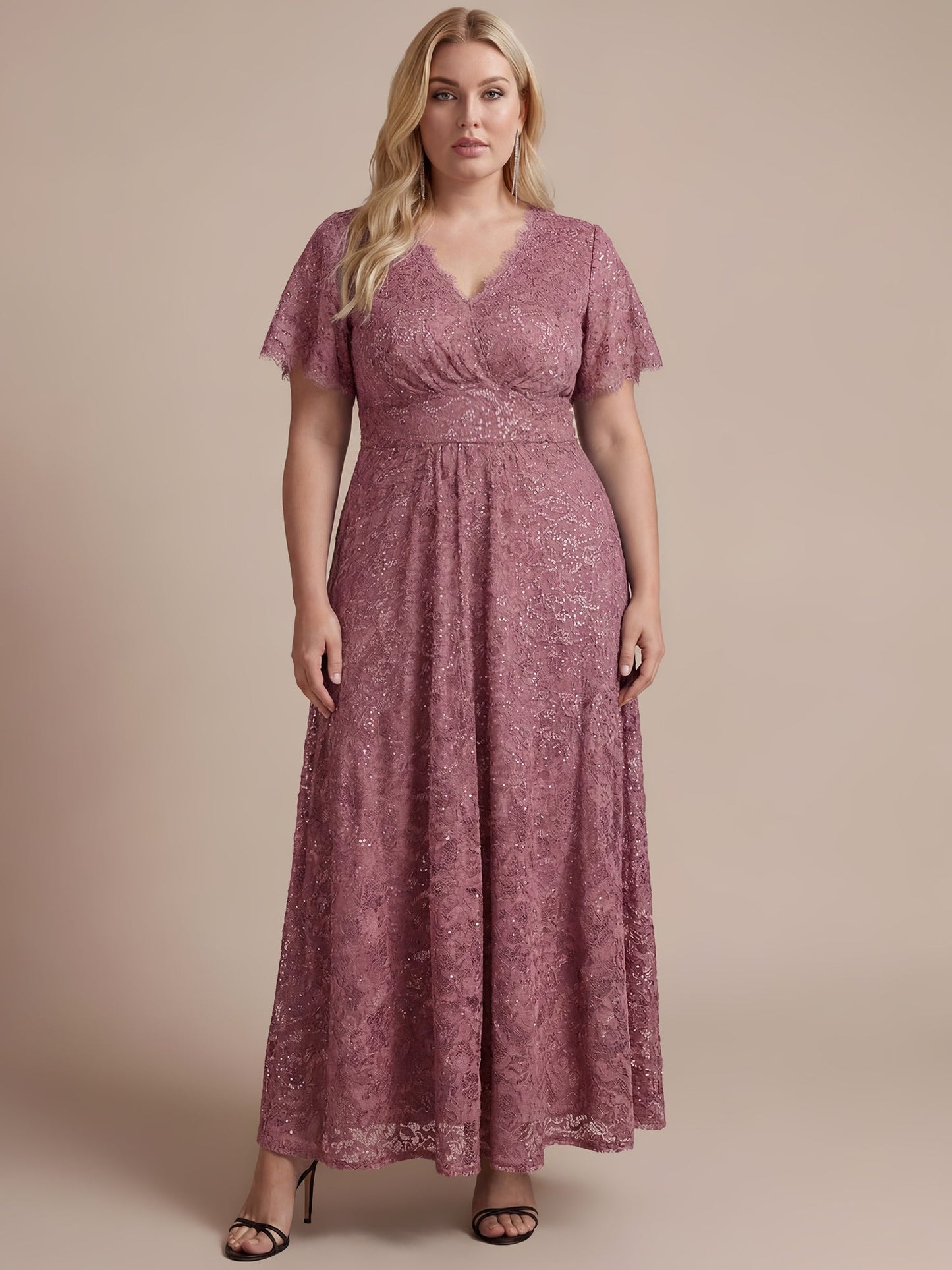 Lace Ruffle Sleeve A-Line Evening Dress