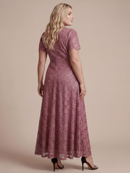 Lace Ruffle Sleeve A-Line Evening Dress