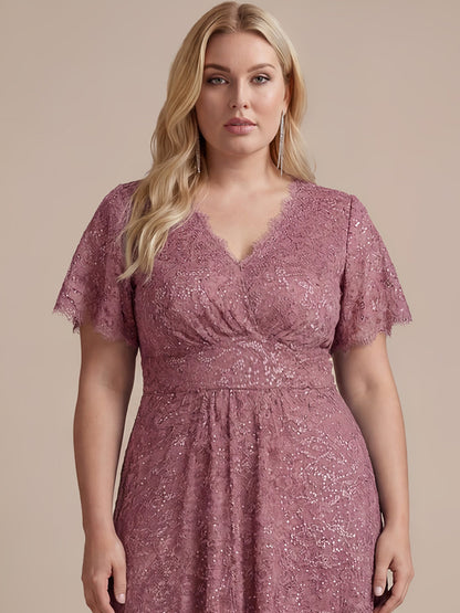 Plus Size Lace Ruffle Sleeve Evening Dress