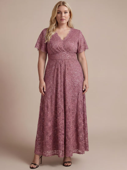 Plus Size Lace Ruffle Sleeve Evening Dress
