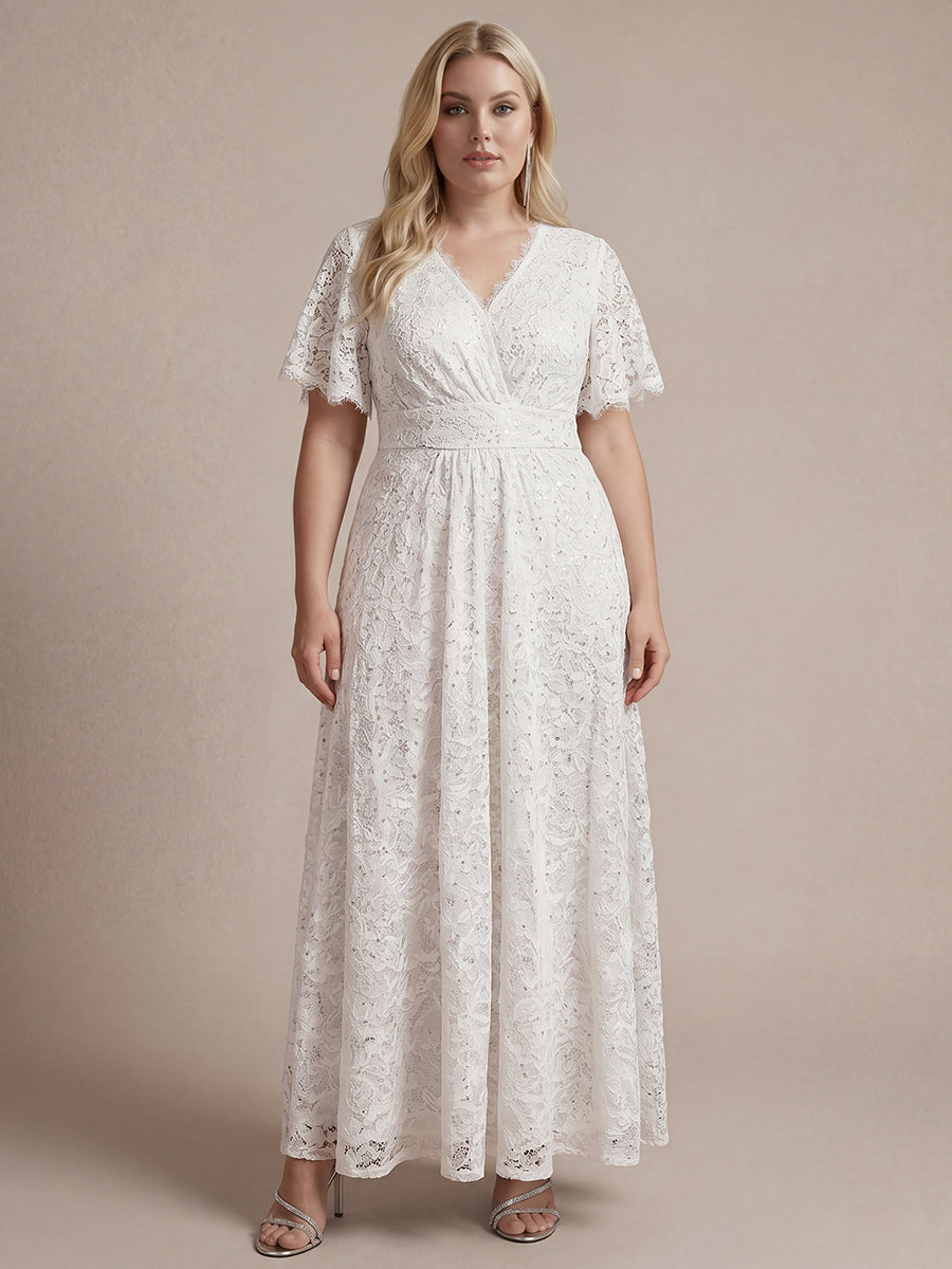 Plus Size Lace Ruffle Sleeve Evening Dress