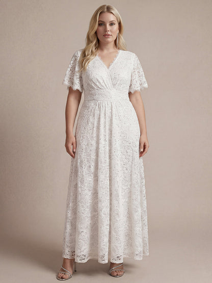 Lace Ruffle Sleeve A-Line Evening Dress