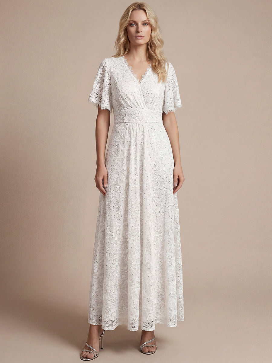Lace Ruffle Sleeve A-Line Evening Dress