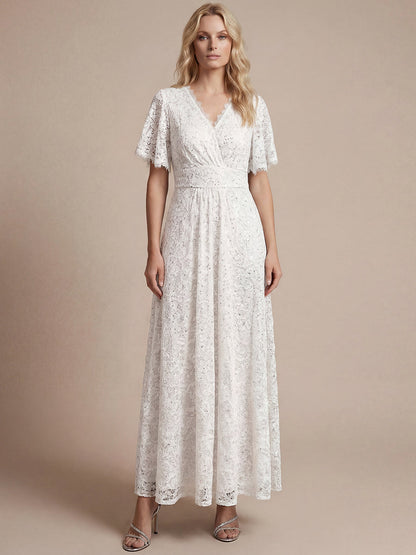 Lace Ruffle Sleeve A-Line Evening Dress