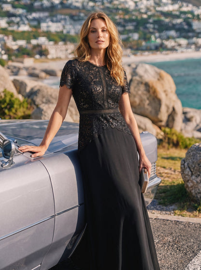 Sequin Lace Round Neck Evening Dress