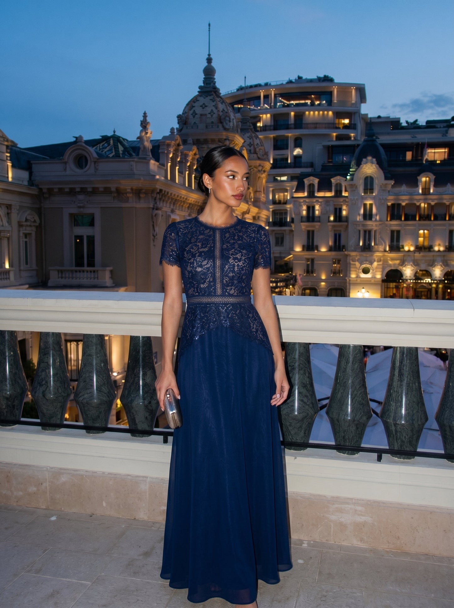 Sequin Lace Round Neck Evening Dress