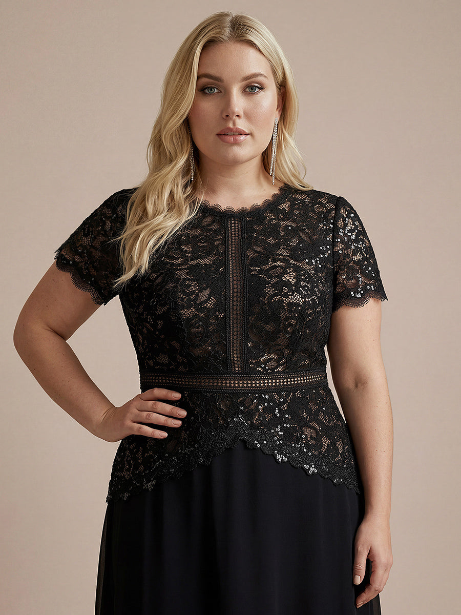 Sequin Lace Round Neck Evening Dress