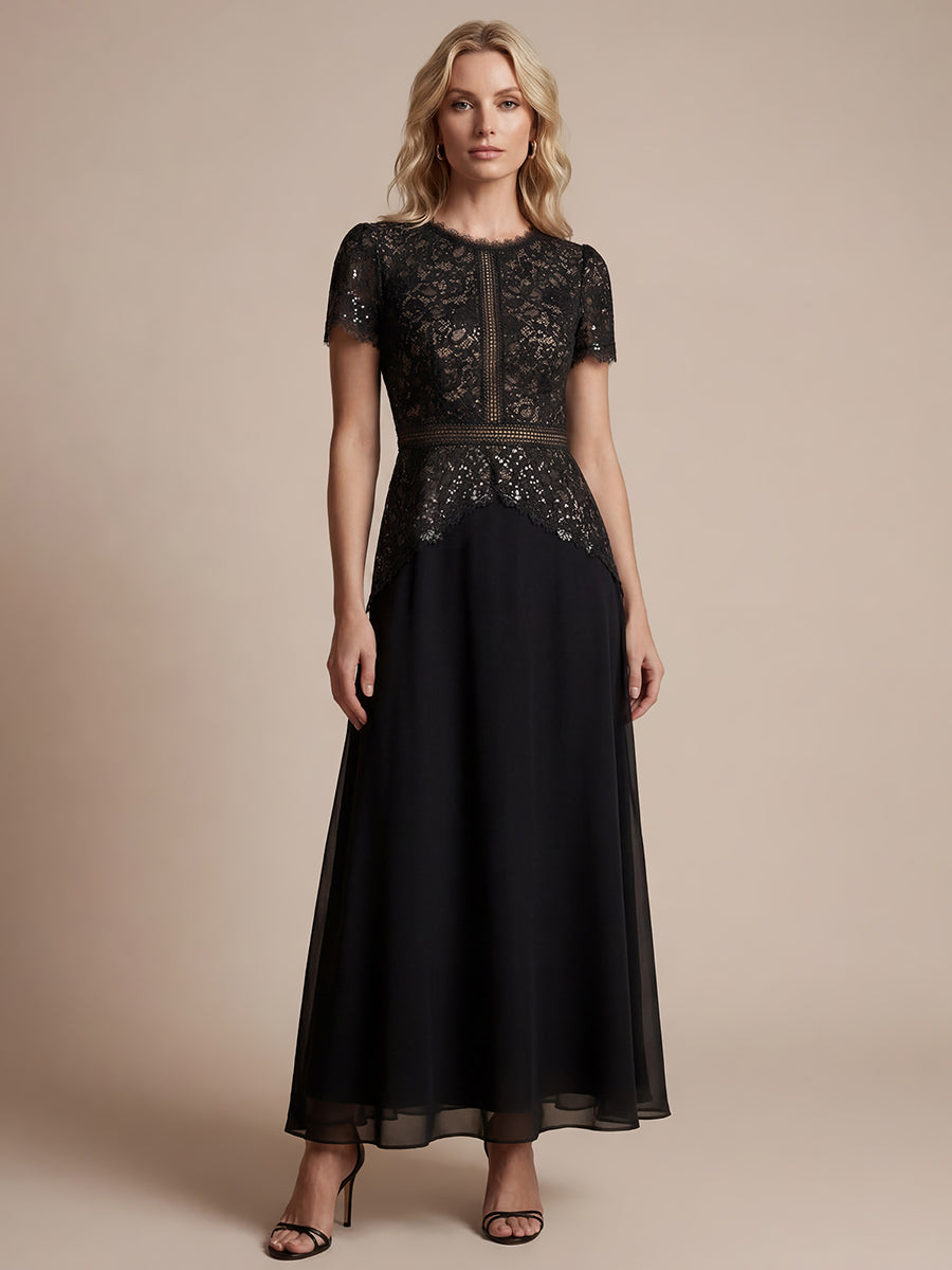 Sequin Lace Round Neck Evening Dress