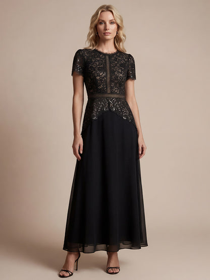 Sequin Lace Round Neck Evening Dress