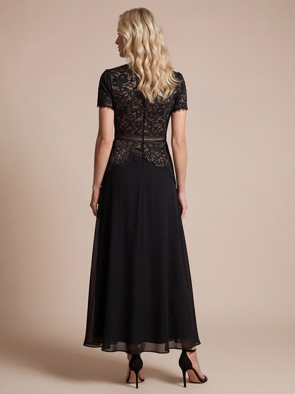 Sequin Lace Round Neck Evening Dress