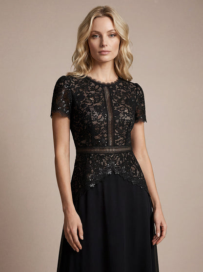 Sequin Lace Round Neck Evening Dress