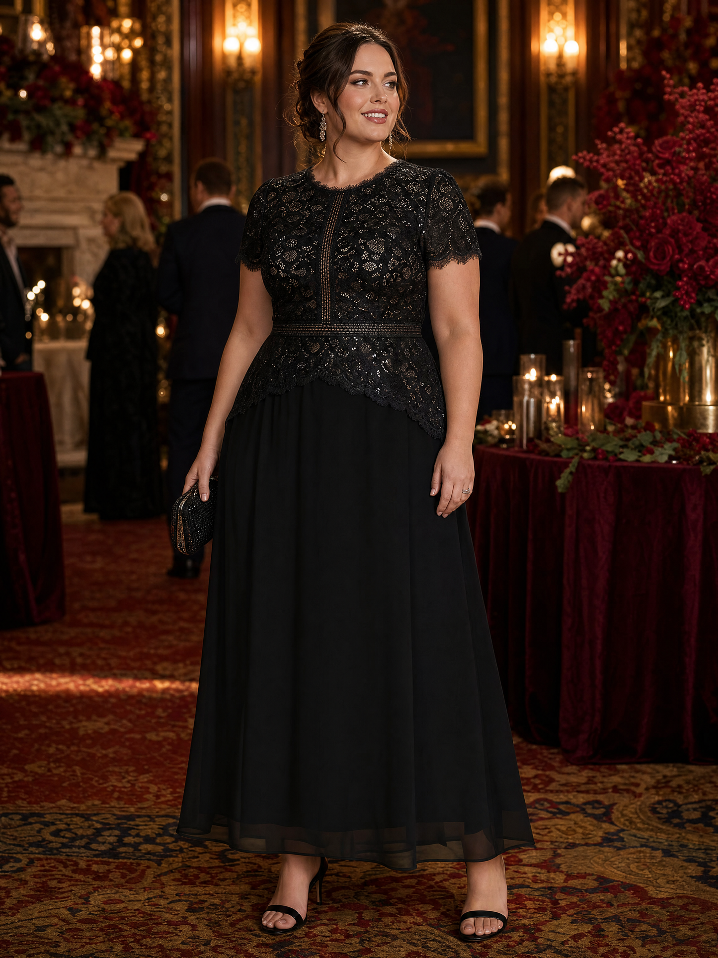 Plus Size Lace Puff Sleeve Evening Dress