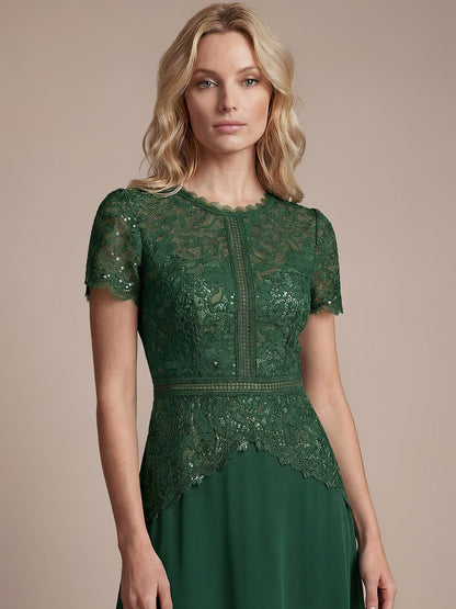 Sequin Lace Round Neck Evening Dress