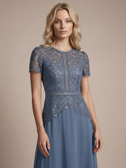 Sequin Lace Round Neck Evening Dress