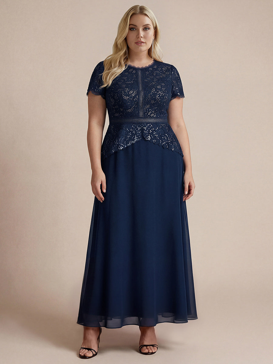 Plus Size Lace Puff Sleeve Evening Dress
