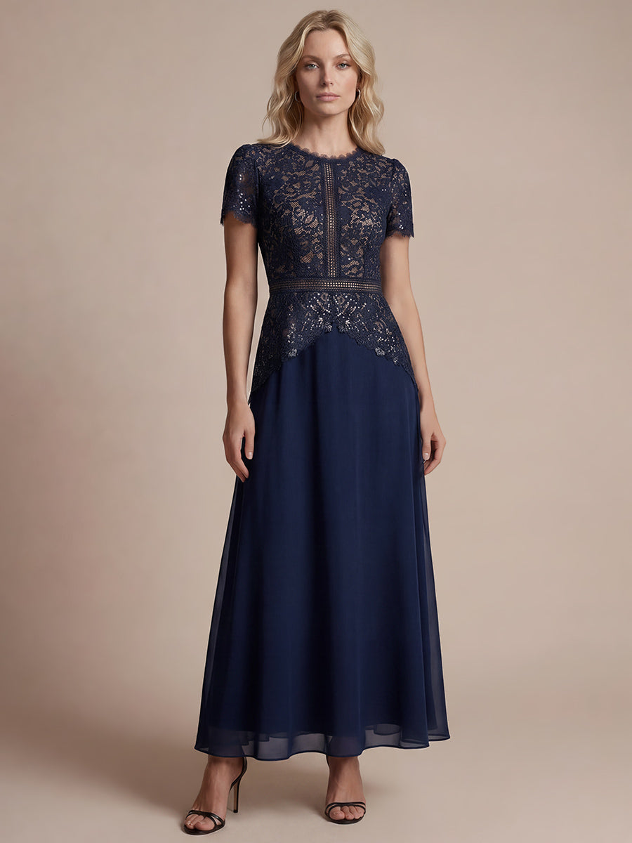Sequin Lace Round Neck Evening Dress