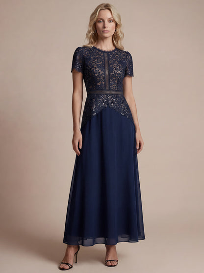 Sequin Lace Round Neck Evening Dress