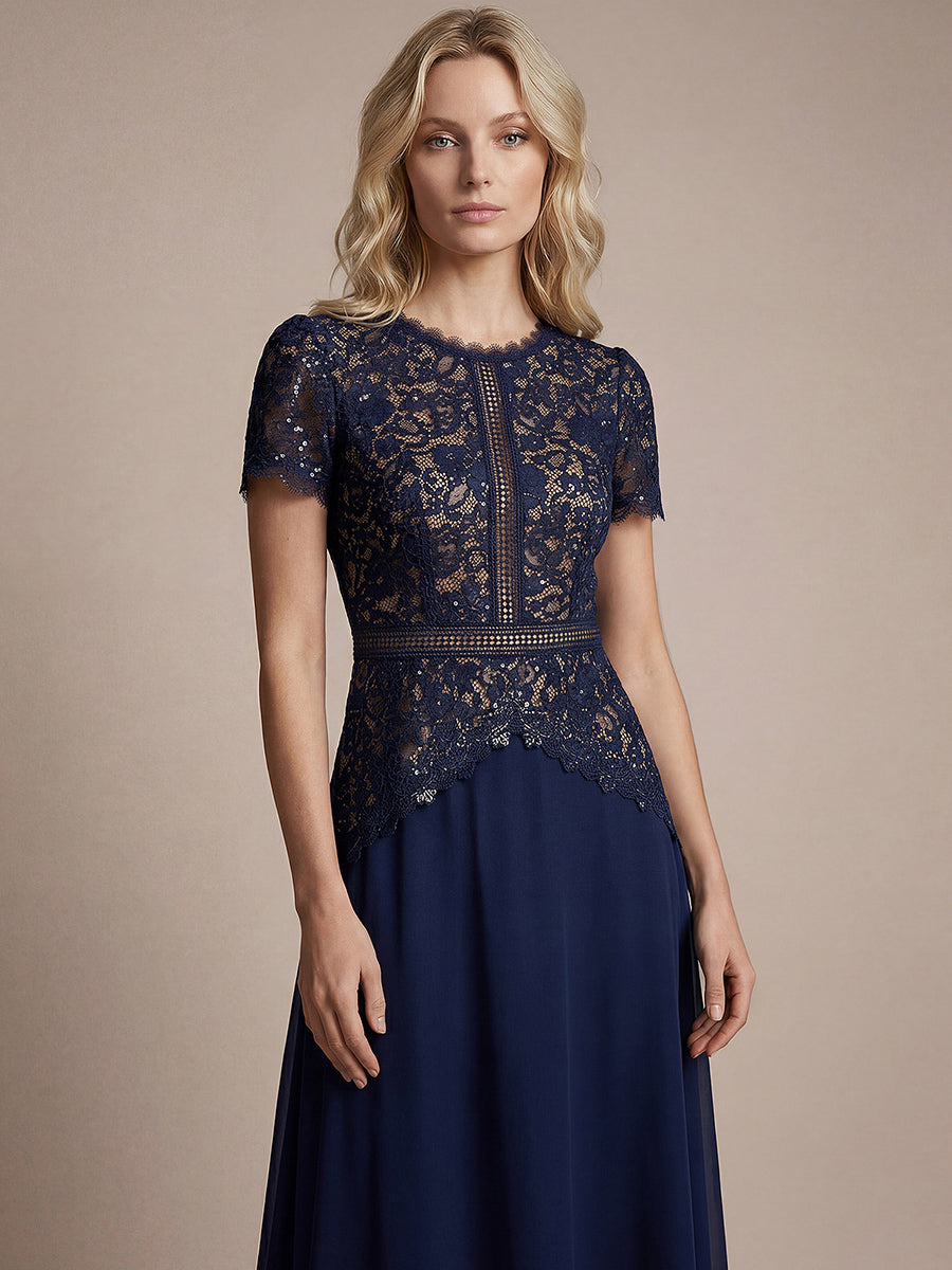 Sequin Lace Round Neck Evening Dress