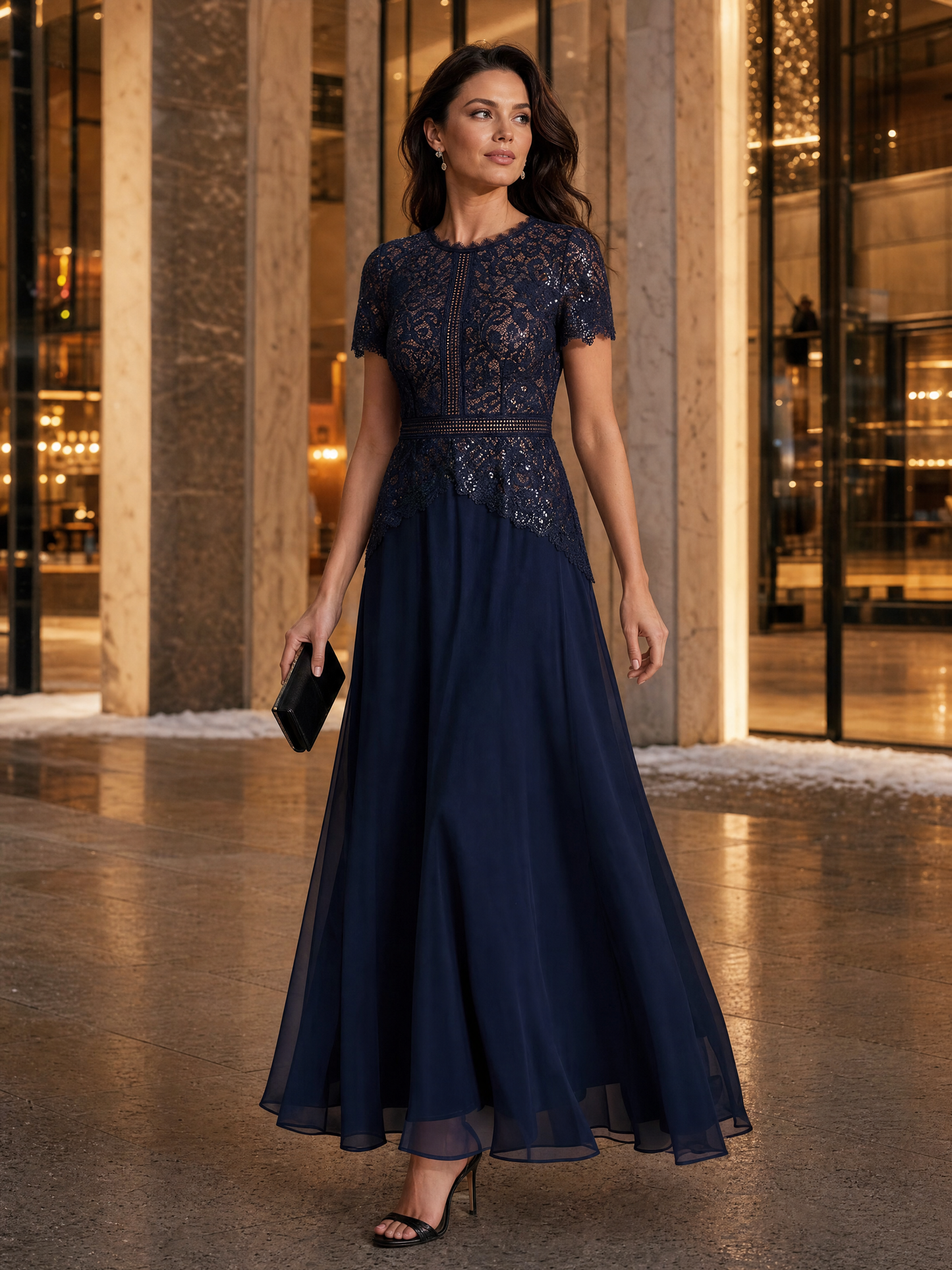 Sequin Lace Round Neck Evening Dress