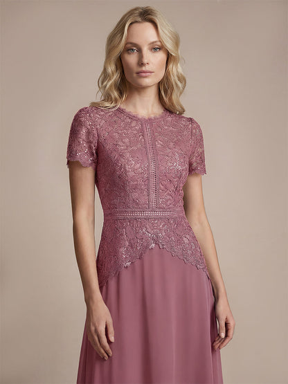 Sequin Lace Round Neck Evening Dress
