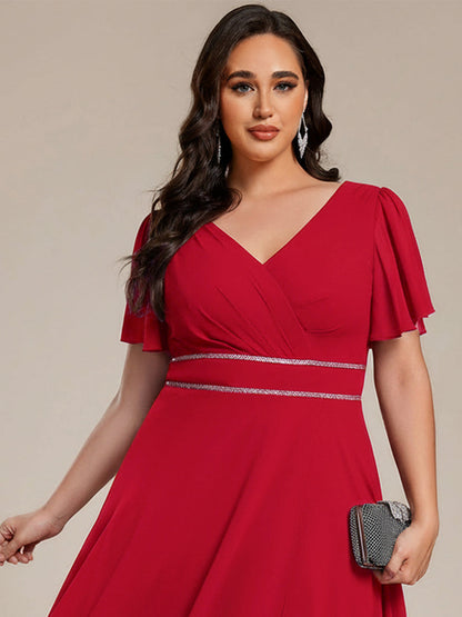 pretty DAKOTA|Plus Size V-Neck Rhinestone Waist Chiffon Maxi Formal Evening Dress